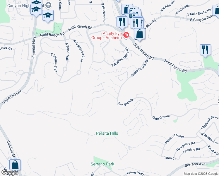 map of restaurants, bars, coffee shops, grocery stores, and more near 6041 East Queens Drive in Anaheim
