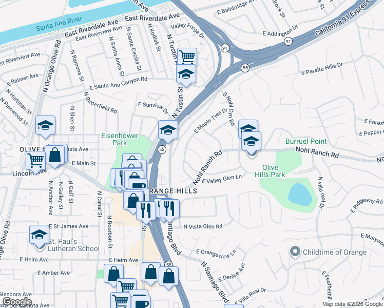 map of restaurants, bars, coffee shops, grocery stores, and more near 2891 North Shady Glen Lane in Orange