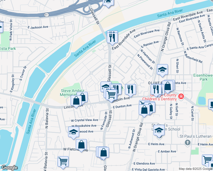 map of restaurants, bars, coffee shops, grocery stores, and more near 347 West Linden Drive in Orange