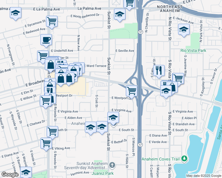 map of restaurants, bars, coffee shops, grocery stores, and more near 2458 East Powhatan Avenue in Anaheim