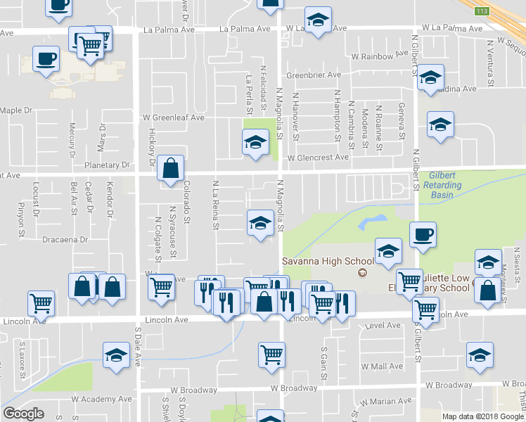 map of restaurants, bars, coffee shops, grocery stores, and more near 405 North Magnolia Avenue in Anaheim