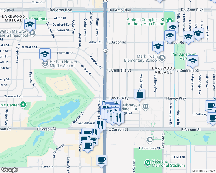 map of restaurants, bars, coffee shops, grocery stores, and more near 4325 Pepperwood Avenue in Long Beach