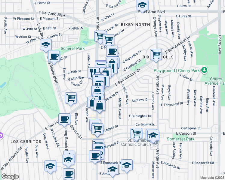 map of restaurants, bars, coffee shops, grocery stores, and more near 725 East Claiborne Drive in Long Beach