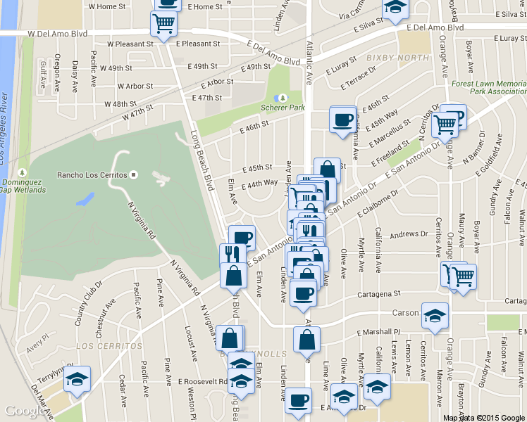 map of restaurants, bars, coffee shops, grocery stores, and more near 404 East Freeland Street in Long Beach