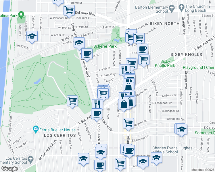 map of restaurants, bars, coffee shops, grocery stores, and more near 404 East Freeland Street in Long Beach