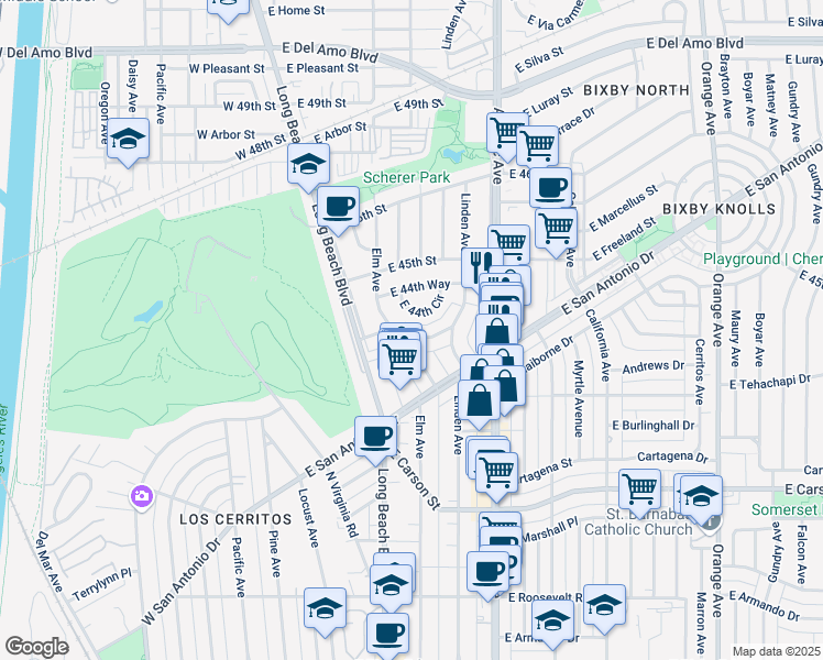 map of restaurants, bars, coffee shops, grocery stores, and more near 404 East Freeland Street in Long Beach