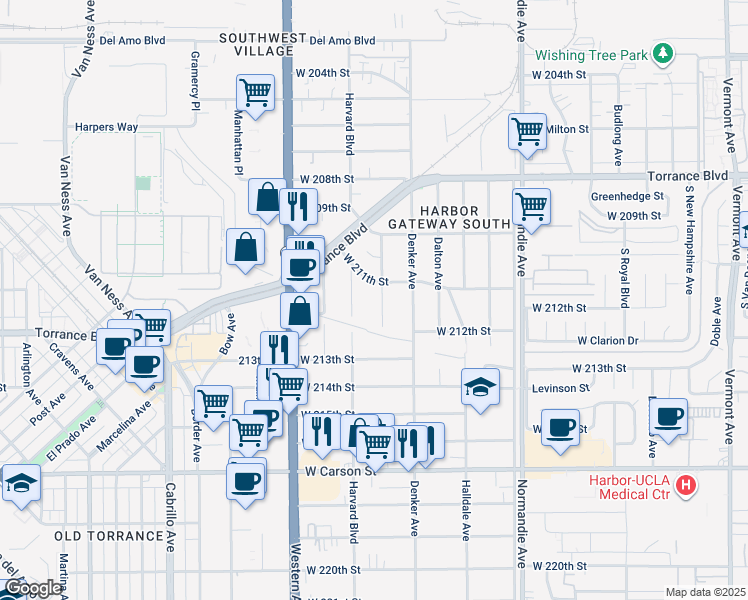 map of restaurants, bars, coffee shops, grocery stores, and more near 21142 La Salle Avenue in Torrance