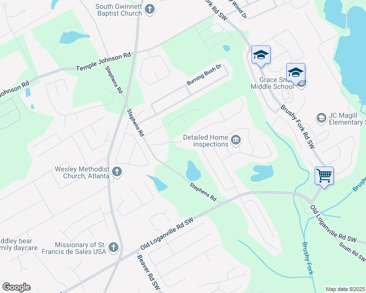 map of restaurants, bars, coffee shops, grocery stores, and more near 1355 Compton Woods Drive in Loganville