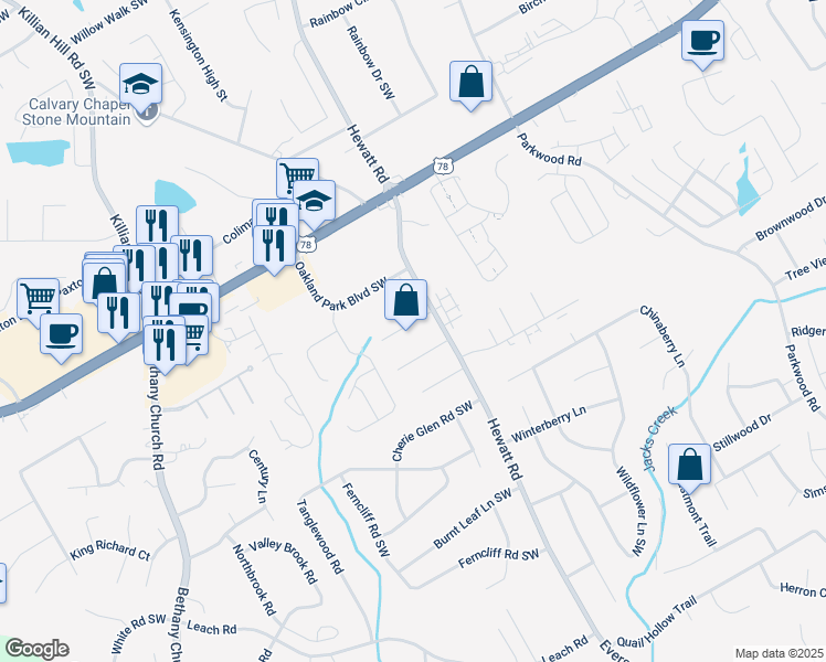 map of restaurants, bars, coffee shops, grocery stores, and more near 3774 Eli Drive Southwest in Snellville