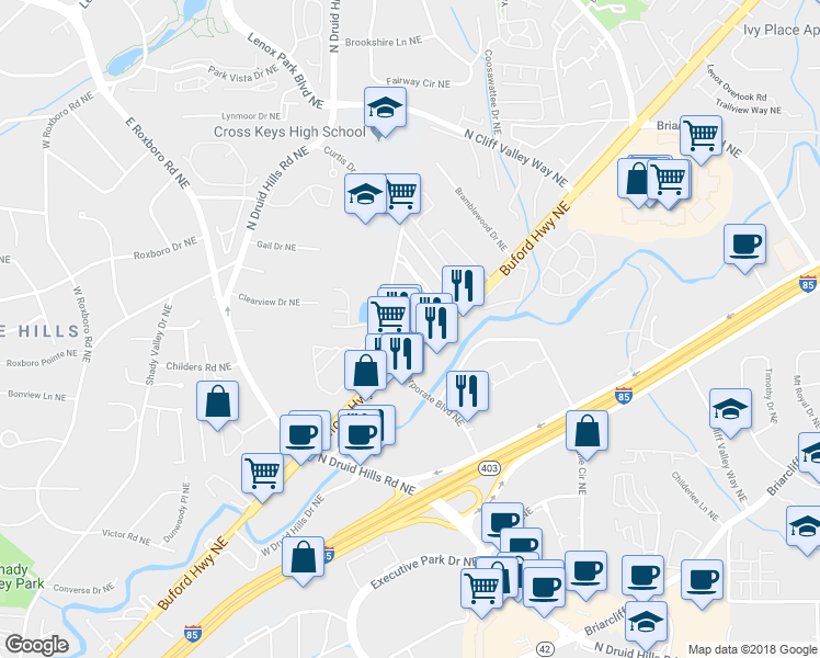 map of restaurants, bars, coffee shops, grocery stores, and more near 3066 Buford Highway Northeast in Atlanta