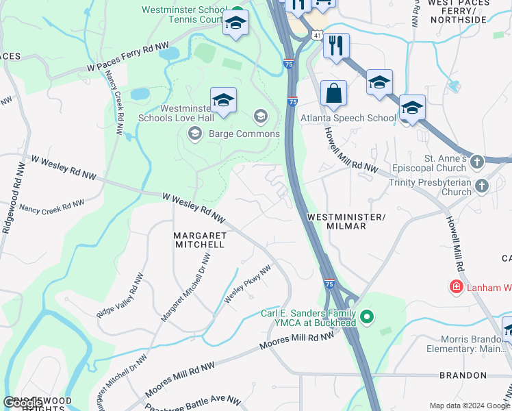 map of restaurants, bars, coffee shops, grocery stores, and more near 1430 Wesley Walk Northwest in Atlanta