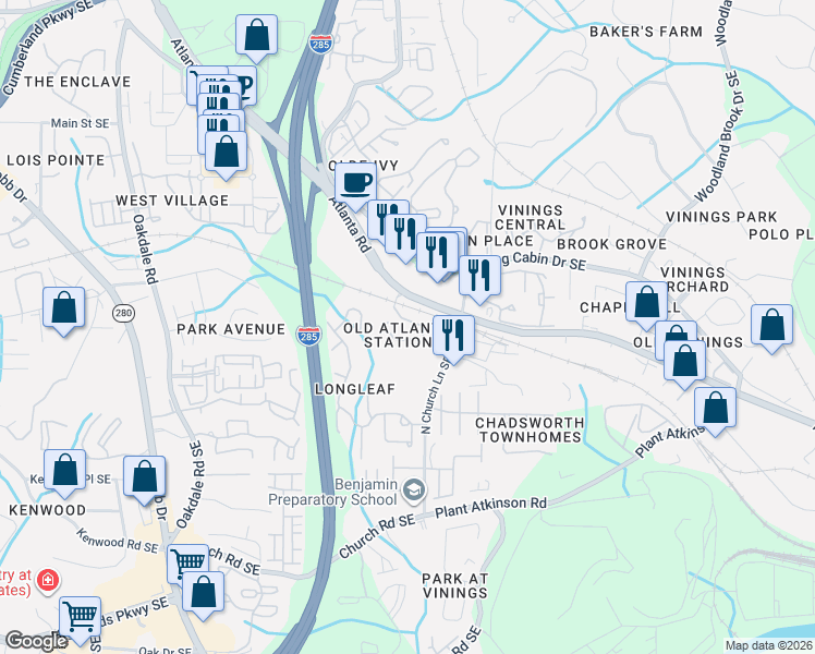 map of restaurants, bars, coffee shops, grocery stores, and more near 3959 Old Atlanta Station Court Southeast in Smyrna