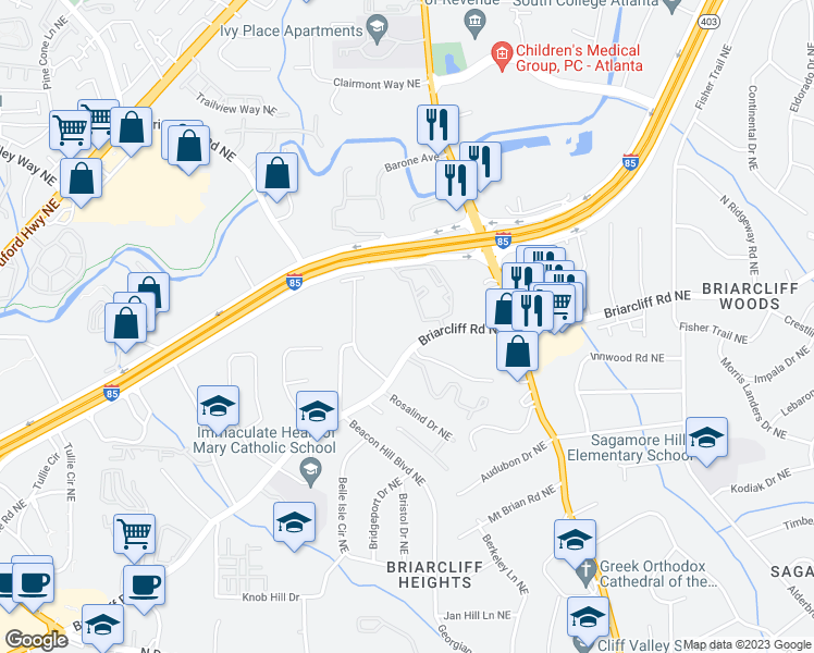 map of restaurants, bars, coffee shops, grocery stores, and more near 2982 Briarcliff Road Northeast in Atlanta