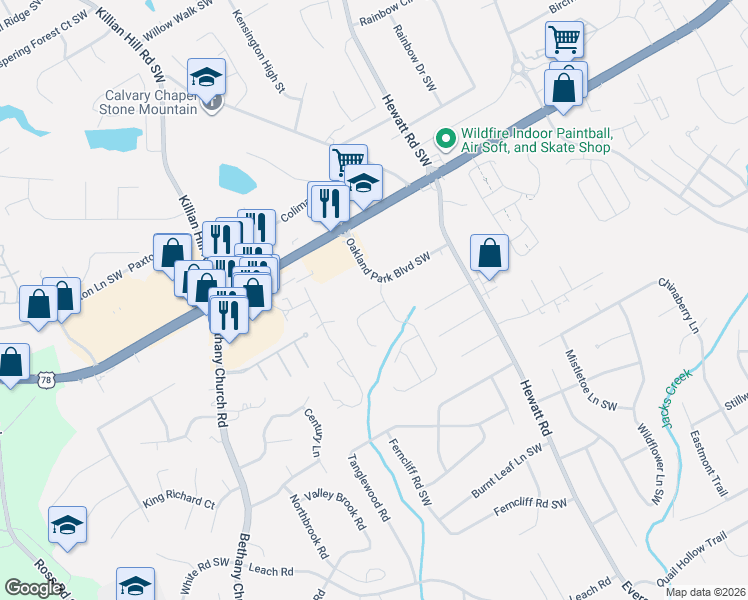 map of restaurants, bars, coffee shops, grocery stores, and more near 3658 Oakland Spring Court in Snellville
