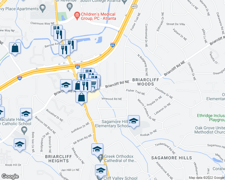 map of restaurants, bars, coffee shops, grocery stores, and more near 1848 Terrewood Drive in Atlanta