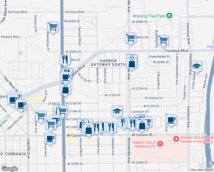 map of restaurants, bars, coffee shops, grocery stores, and more near 21137 Halldale Avenue in Torrance