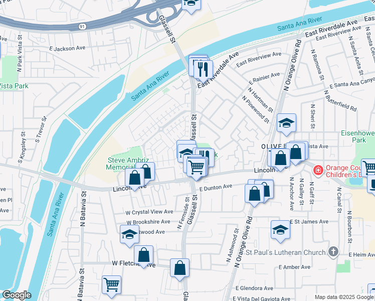 map of restaurants, bars, coffee shops, grocery stores, and more near 2932 North Glassell Street in Orange
