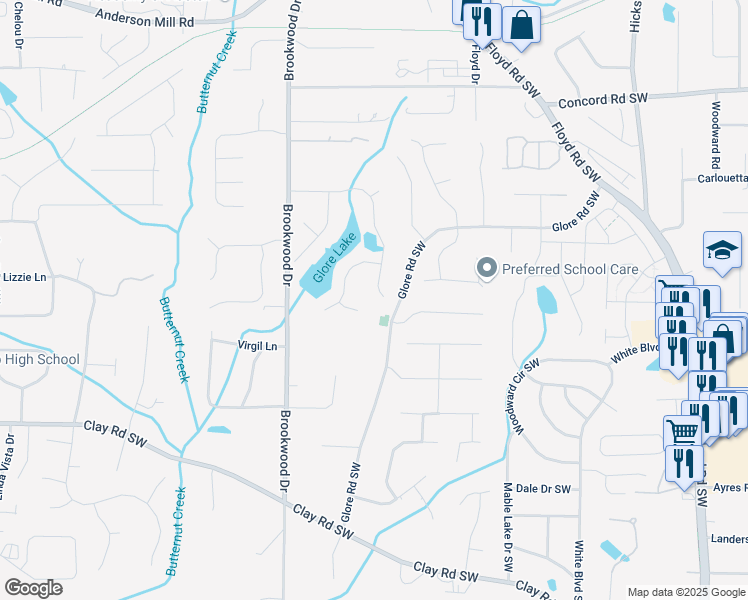 map of restaurants, bars, coffee shops, grocery stores, and more near 1211 Heritage Lakes Drive Southwest in Mableton
