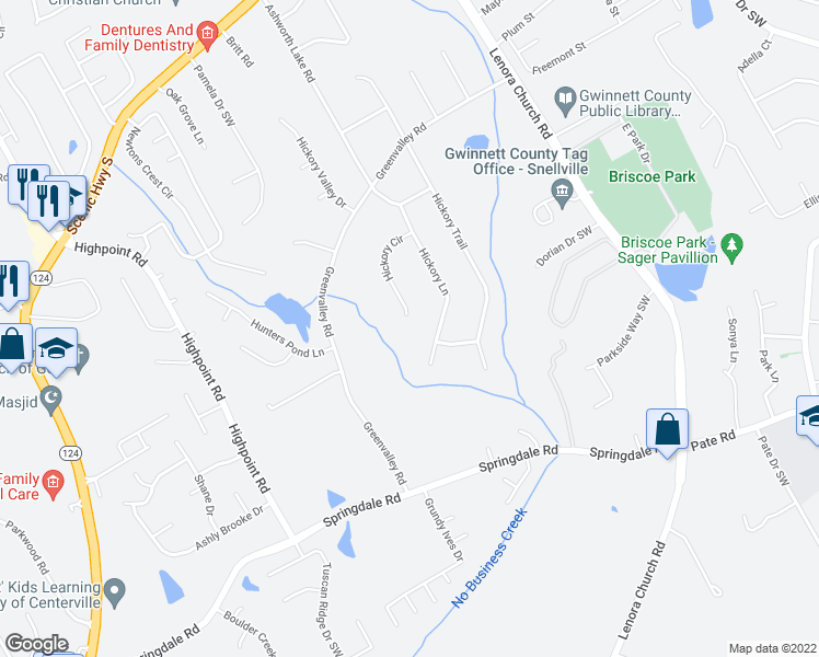 map of restaurants, bars, coffee shops, grocery stores, and more near 2855 Hickory Circle in Snellville