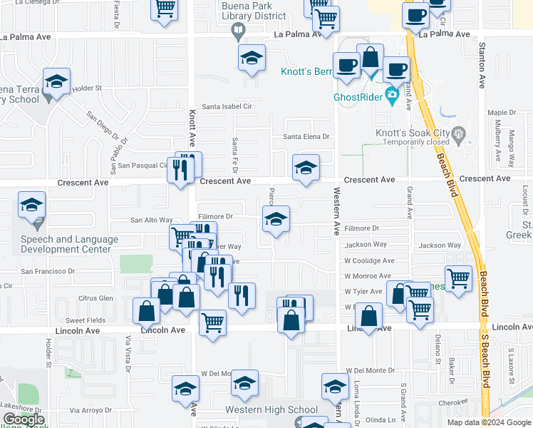 map of restaurants, bars, coffee shops, grocery stores, and more near 7255 Fillmore Drive in Buena Park