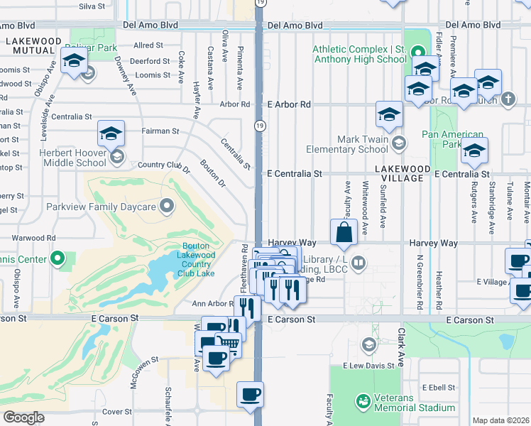 map of restaurants, bars, coffee shops, grocery stores, and more near 4350 North Lakewood Boulevard in Long Beach