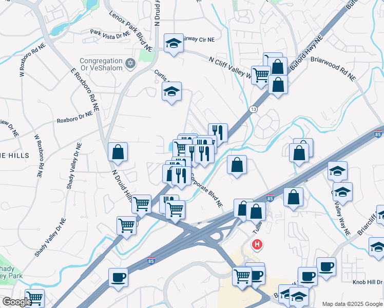 map of restaurants, bars, coffee shops, grocery stores, and more near 1907 Sterling Oaks Circle Northeast in Atlanta