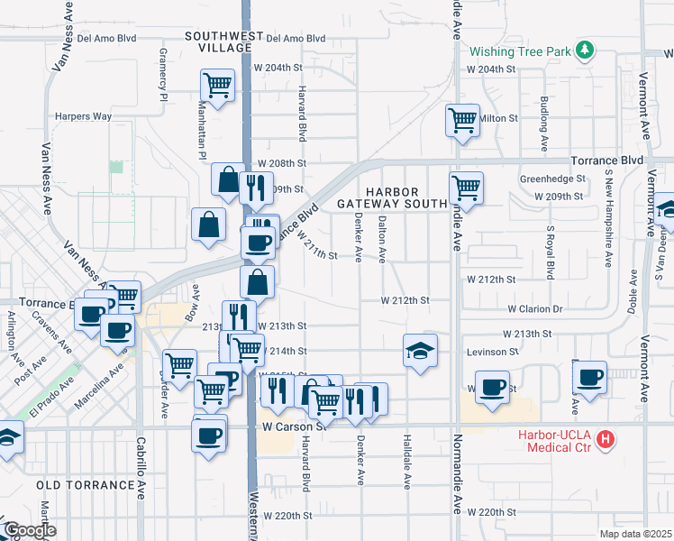 map of restaurants, bars, coffee shops, grocery stores, and more near 21114 La Salle Avenue in Torrance