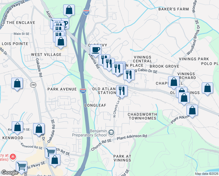 map of restaurants, bars, coffee shops, grocery stores, and more near 3959 Old Atlanta Station Court Southeast in Smyrna