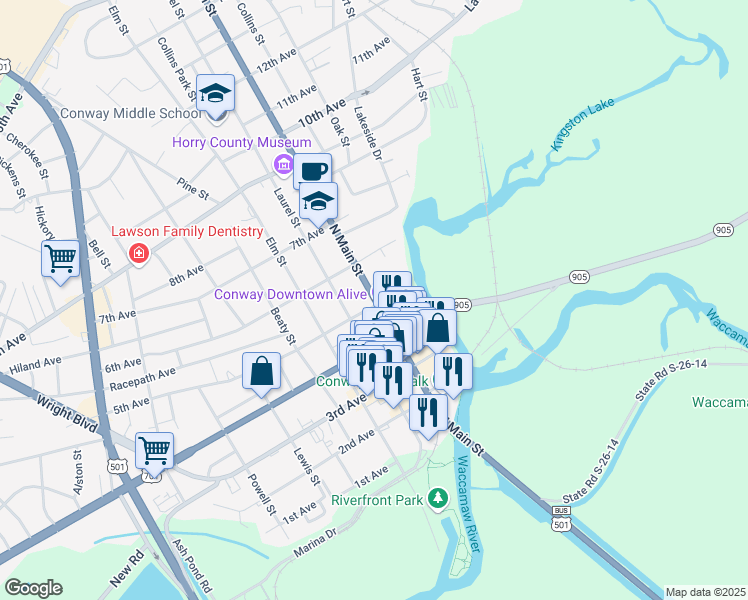 map of restaurants, bars, coffee shops, grocery stores, and more near 507 North Main Street in Conway
