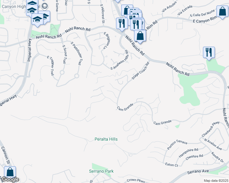 map of restaurants, bars, coffee shops, grocery stores, and more near 6073 East Butterfield Lane in Anaheim