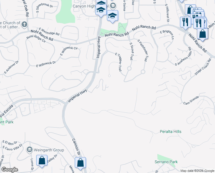 map of restaurants, bars, coffee shops, grocery stores, and more near 740 South Crown Pointe Drive in Anaheim