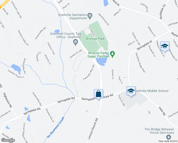 map of restaurants, bars, coffee shops, grocery stores, and more near 2613 Parkside Way Southwest in Snellville