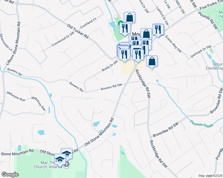 map of restaurants, bars, coffee shops, grocery stores, and more near 5564 Bowers Road Southwest in Stone Mountain
