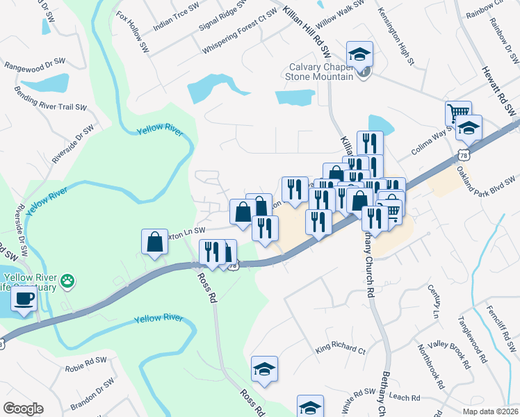 map of restaurants, bars, coffee shops, grocery stores, and more near 1991 Paxton Ridge Lane in Lilburn