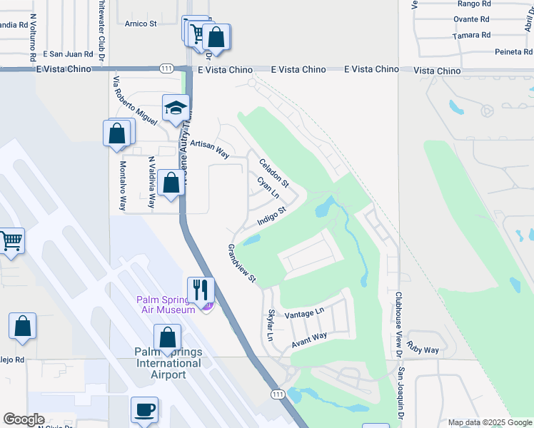 map of restaurants, bars, coffee shops, grocery stores, and more near 4219 Indigo Street in Palm Springs