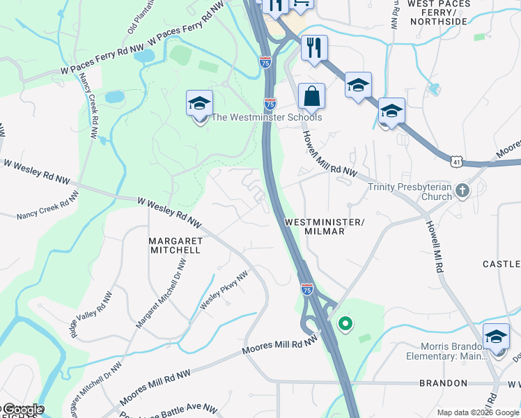 map of restaurants, bars, coffee shops, grocery stores, and more near 3021 Margaret Mitchell Drive Northwest in Atlanta