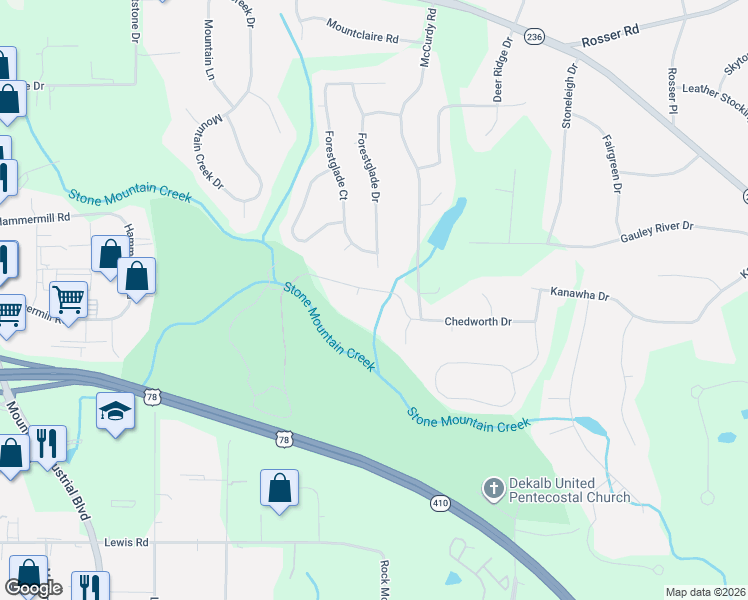 map of restaurants, bars, coffee shops, grocery stores, and more near 1883 Chedworth Cove in Stone Mountain