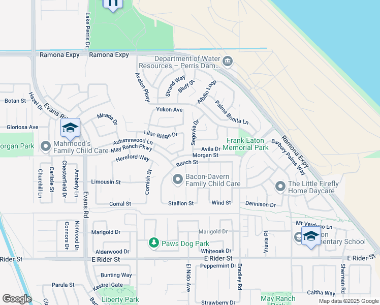 map of restaurants, bars, coffee shops, grocery stores, and more near 3602 Segovia Drive in Perris