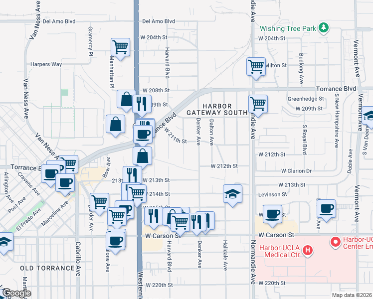 map of restaurants, bars, coffee shops, grocery stores, and more near 21114 La Salle Avenue in Torrance