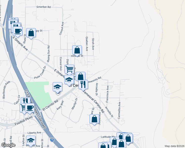 map of restaurants, bars, coffee shops, grocery stores, and more near 7890 Minnesota Road in Corona