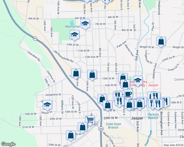map of restaurants, bars, coffee shops, grocery stores, and more near 1401-1505 9th Avenue in Jasper