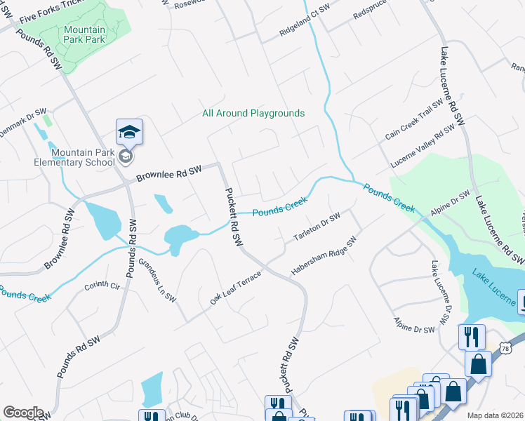 map of restaurants, bars, coffee shops, grocery stores, and more near 1675 Pinetree Pass Lane Southwest in Lilburn