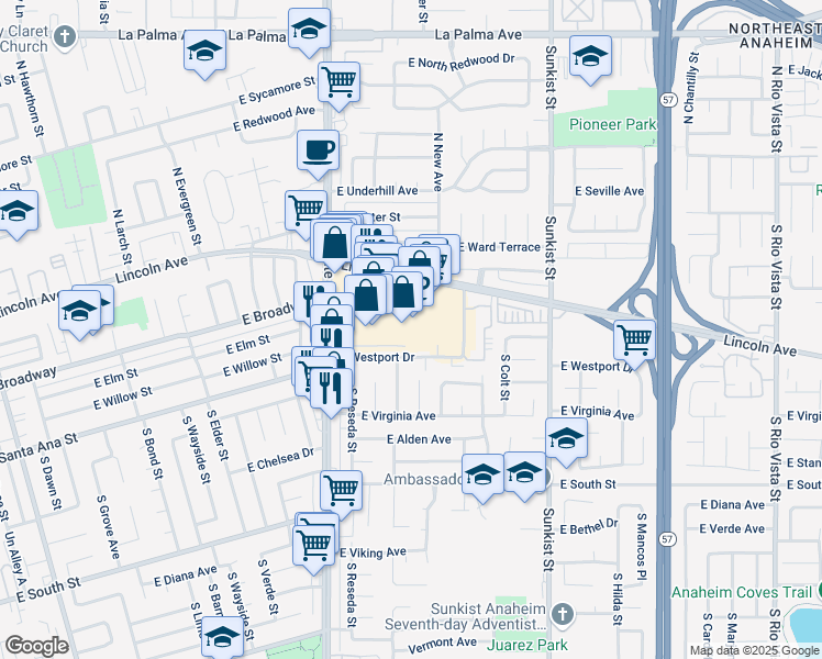 map of restaurants, bars, coffee shops, grocery stores, and more near 2139 East Westport Drive in Anaheim