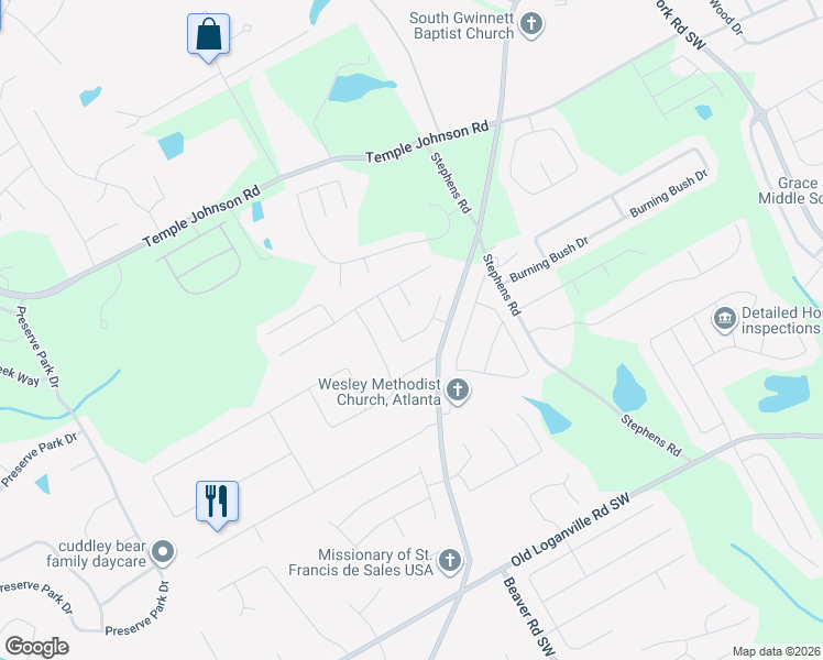 map of restaurants, bars, coffee shops, grocery stores, and more near 3413 Summit Creek Lane in Loganville