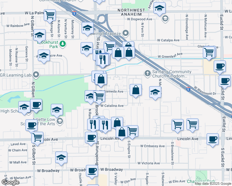 map of restaurants, bars, coffee shops, grocery stores, and more near 333 North Valley Street in Anaheim
