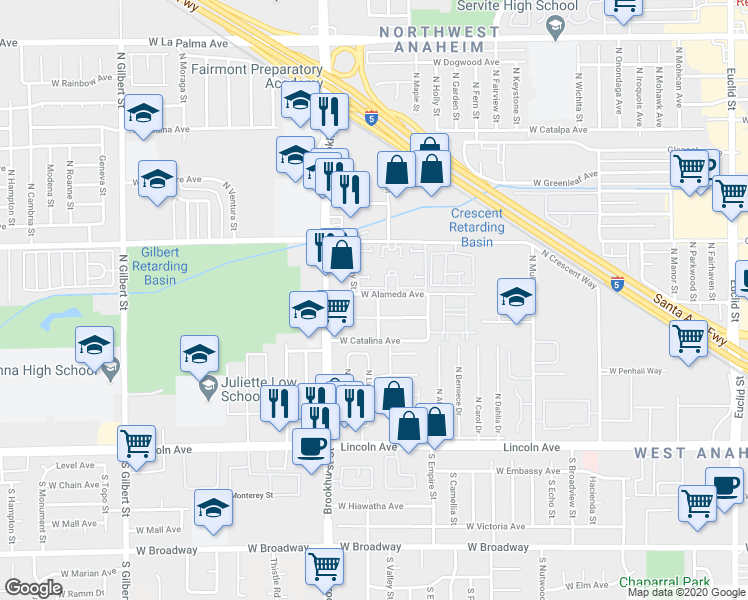 map of restaurants, bars, coffee shops, grocery stores, and more near 333 North Valley Street in Anaheim