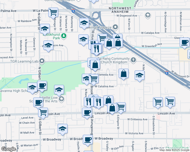 map of restaurants, bars, coffee shops, grocery stores, and more near 2178 West Brownwood Avenue in Anaheim