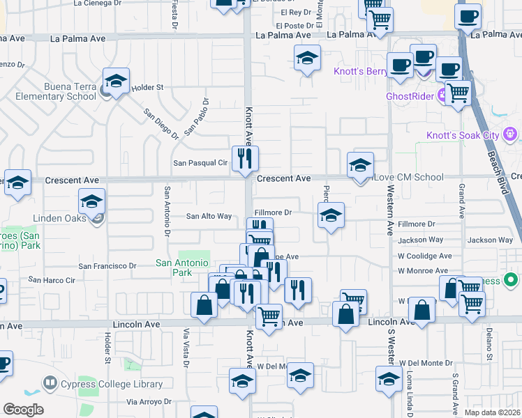 map of restaurants, bars, coffee shops, grocery stores, and more near 8660 Knott Avenue in Buena Park