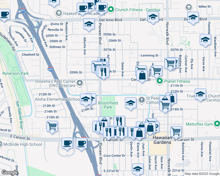 map of restaurants, bars, coffee shops, grocery stores, and more near 21125 Violeta Avenue in Lakewood
