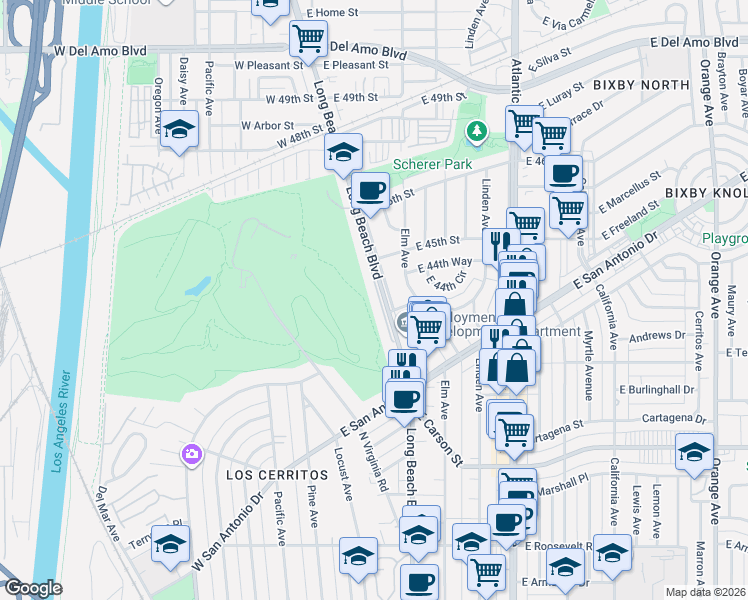 map of restaurants, bars, coffee shops, grocery stores, and more near 4335 North Country Club Lane in Long Beach